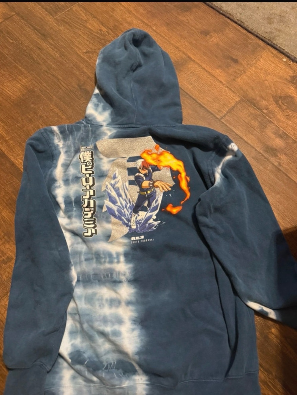 Primitive Navy & White Tie-Dye Zip-Up Hoodie with Flame/Ice Character